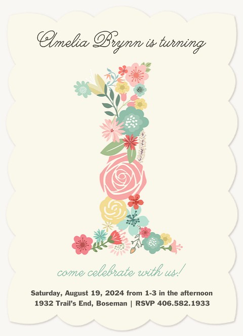Floral One Girl Birthday Party Invitations