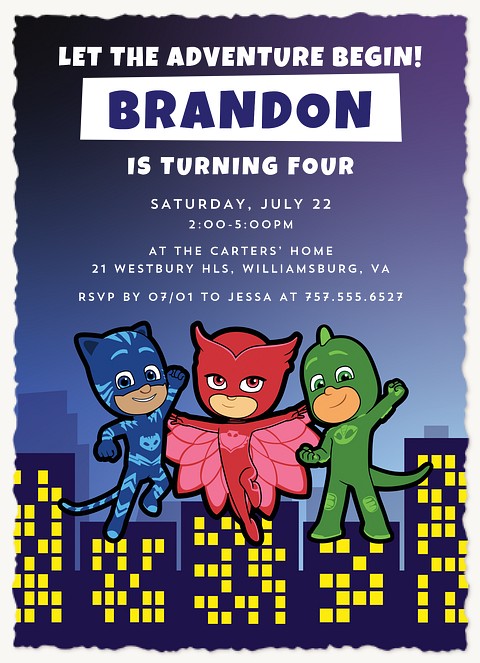 PJ Masks City Skyline Kids Birthday Invitations