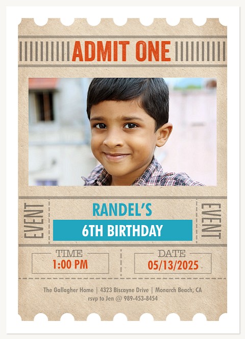 Admit One Kids Birthday Invitations