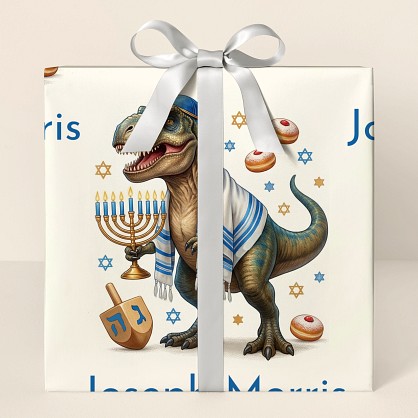 Personalized Hanukkah Dinosaur Kids Wrapping Paper