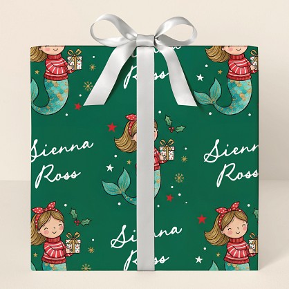 Personalized Christmas Mermaid Kids Wrapping Paper