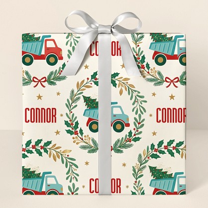 Personalized Christmas Trucks & Wreaths Wrapping Paper