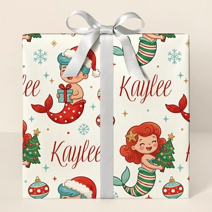 Personalized Christmas Mermaid Retro Kids Wrapping Paper