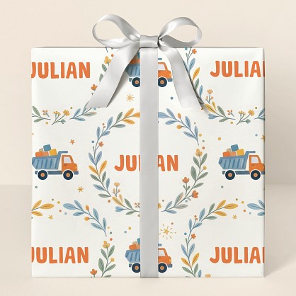 Personalized Construction Trucks Botanical Wreath Wrapping Paper