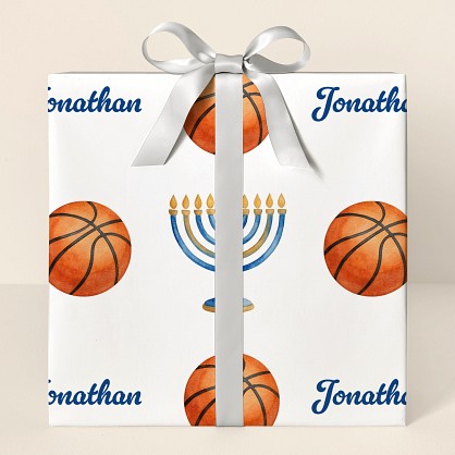 Personalized Basketball Hanukkah Watercolor Wrapping Paper