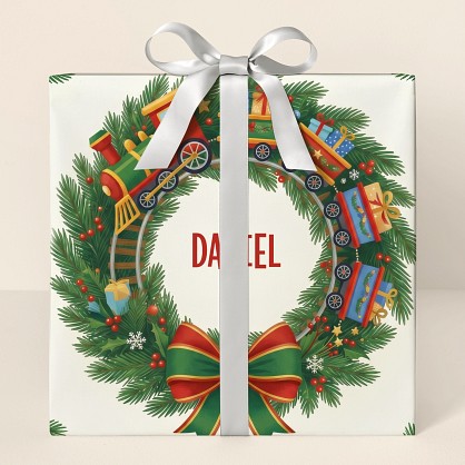 Personalized Christmas Train Wreath Wrapping Paper