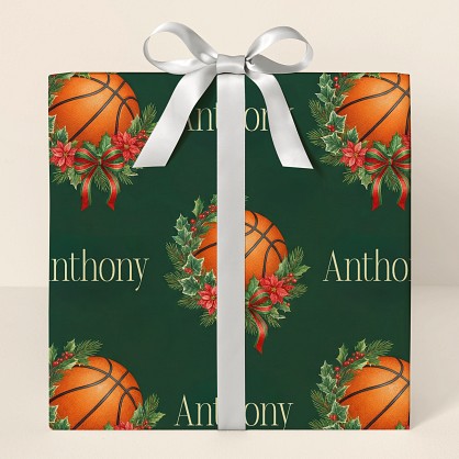 Personalized Basketball Christmas Botanical Wrapping Paper