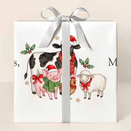 Personalized Christmas Farm Animals Watercolor Wrapping Paper