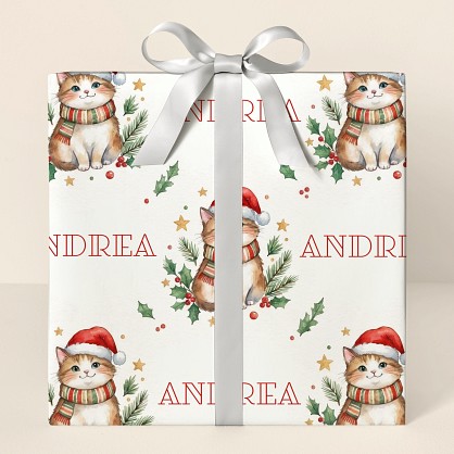Personalized Christmas Cats Watercolor Wrapping Paper