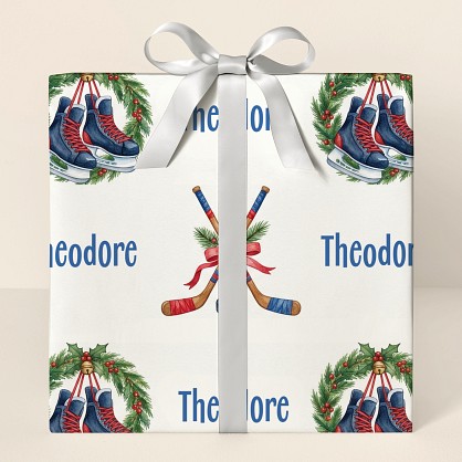 Personalized Christmas Hockey Watercolor Wrapping Paper