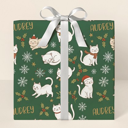 Personalized Christmas Cats & Snowflakes Wrapping Paper