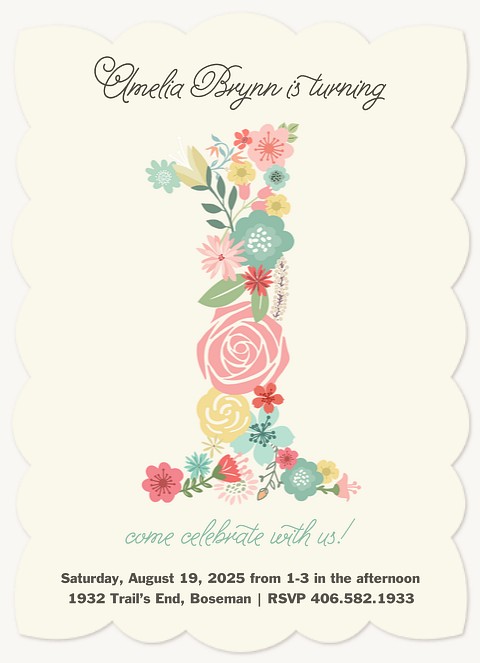 Floral One Kids Birthday Invitations