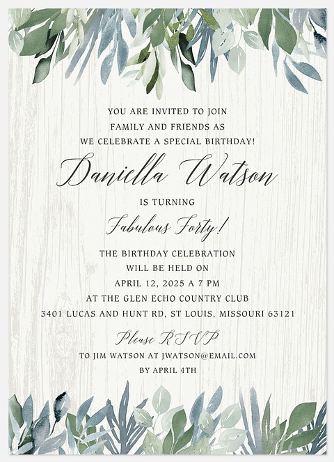 Country Greenery Adult Birthday Invitations