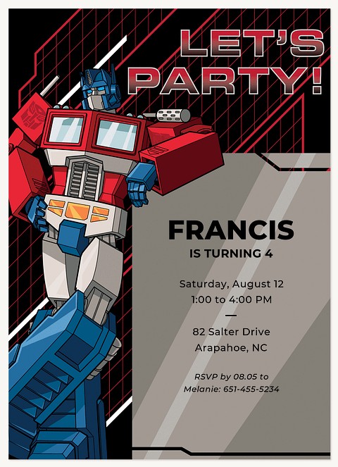 Transformers Prime Time Kids Birthday Invitations