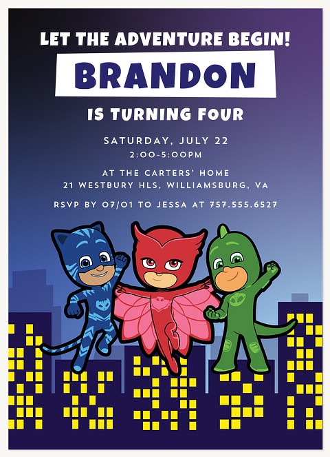 PJ Masks City Skyline Kids Birthday Invitations