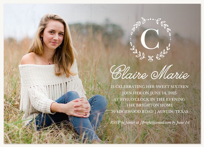 Monogram Wreath Teen Birthday Invitations