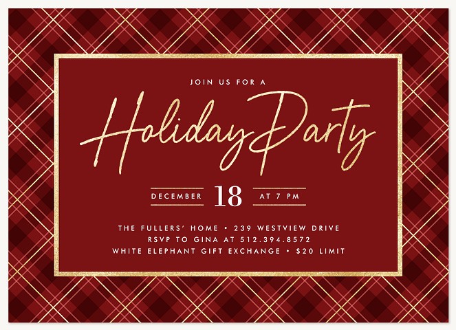 Crimson Plaid Holiday Party Invitations