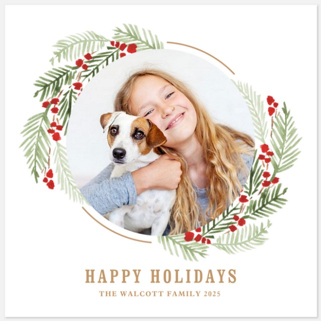 Pine Berry Wreath Holiday Photo Cards