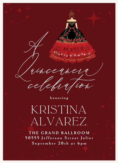 Red Floral Dress Quinceañera Invitations