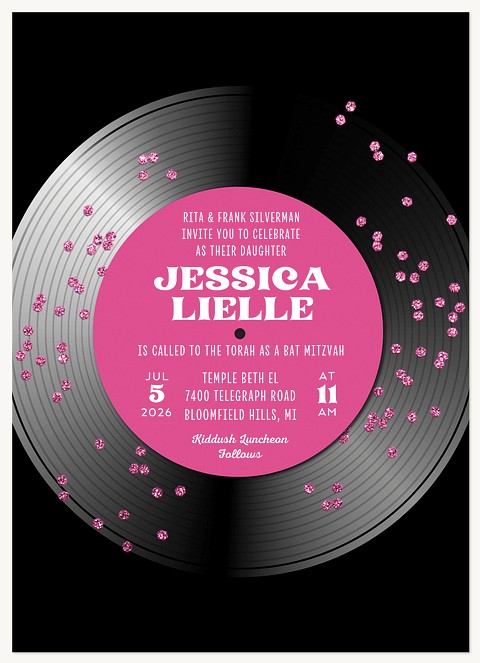 Pink Record Bat Mitzvah Invitations