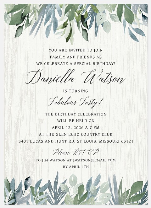 Country Greenery Adult Birthday Invitations
