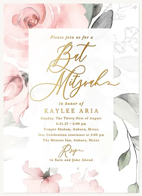 Watercolor Roses Bat Mitzvah Invitations