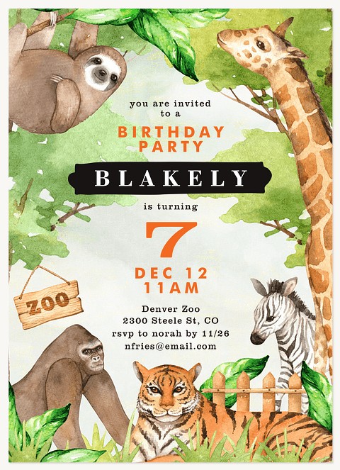 Watercolor Zoo Kids Birthday Invitations