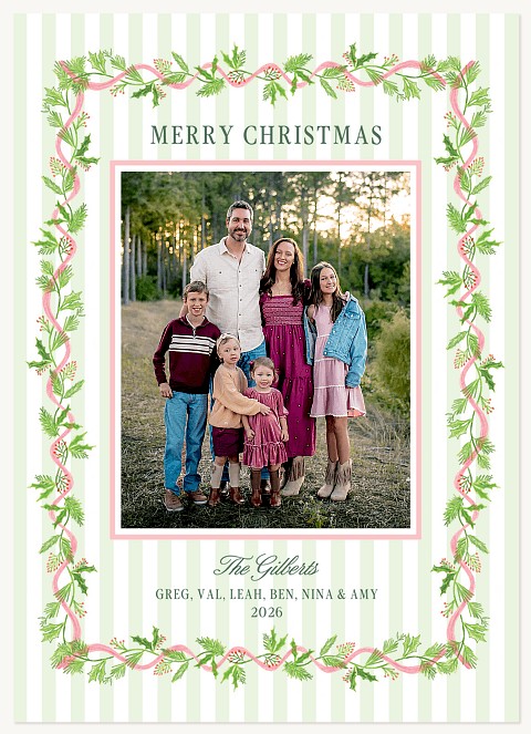 Striped Botanical Border Personalized Holiday Cards