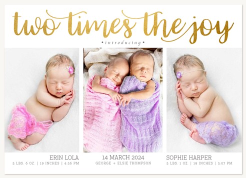 Two Times The Joy Twin Birth Announcement Cards