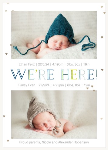 Welcomed Little Hearts Twin Birth Announcement Cards