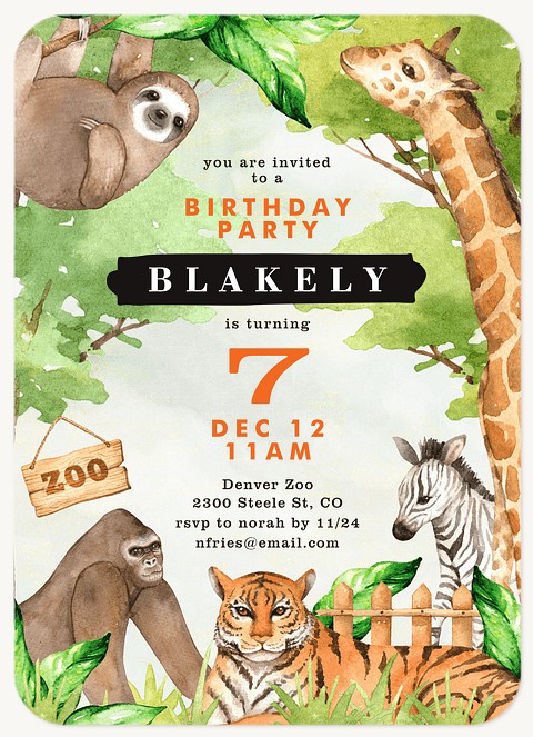 Watercolor Zoo Kids Birthday Invitations