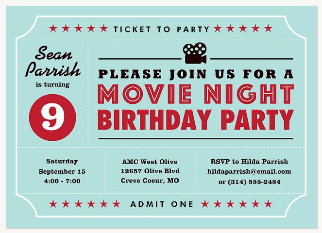 Movie Ticket Kids Birthday Invitations