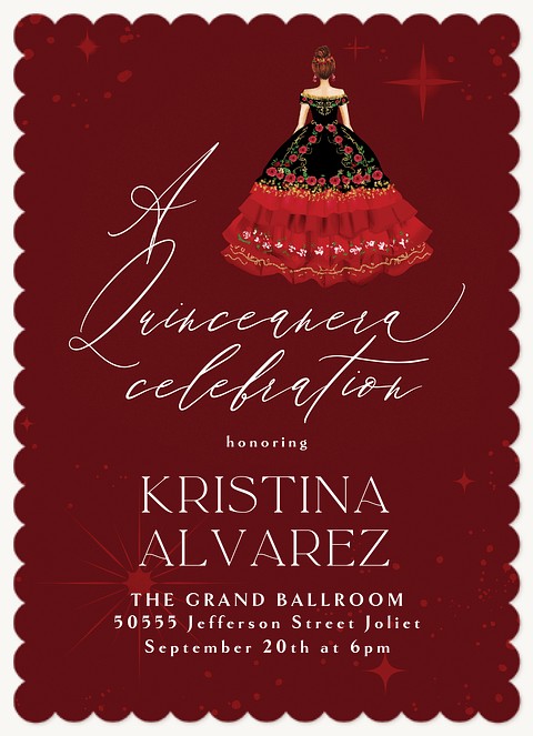 Red Floral Dress Quinceañera Invitations