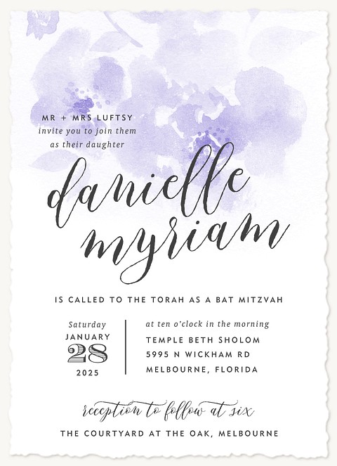 Watercolor Violets Bat Mitzvah Invitations